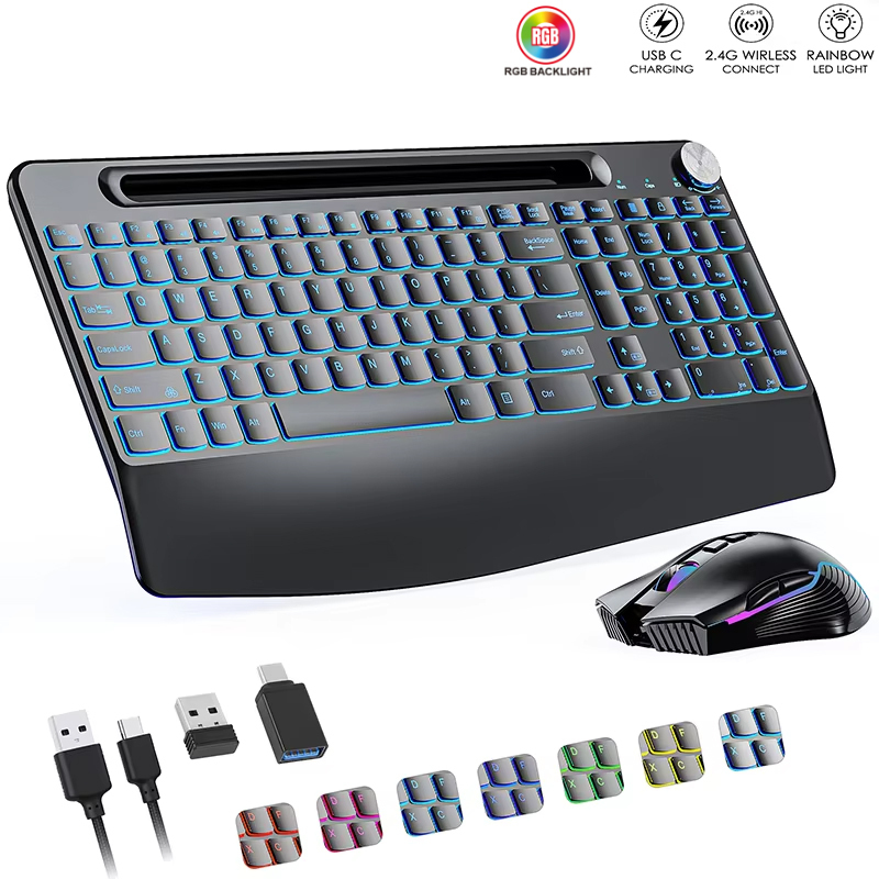 Gaming Keyboard And Mouse Combo Wireless - 2.4G และ Type-C คีย์บอร์ดไร้สายเมาส์ Combo พร้อมสายรัดข้อมือ,RGB