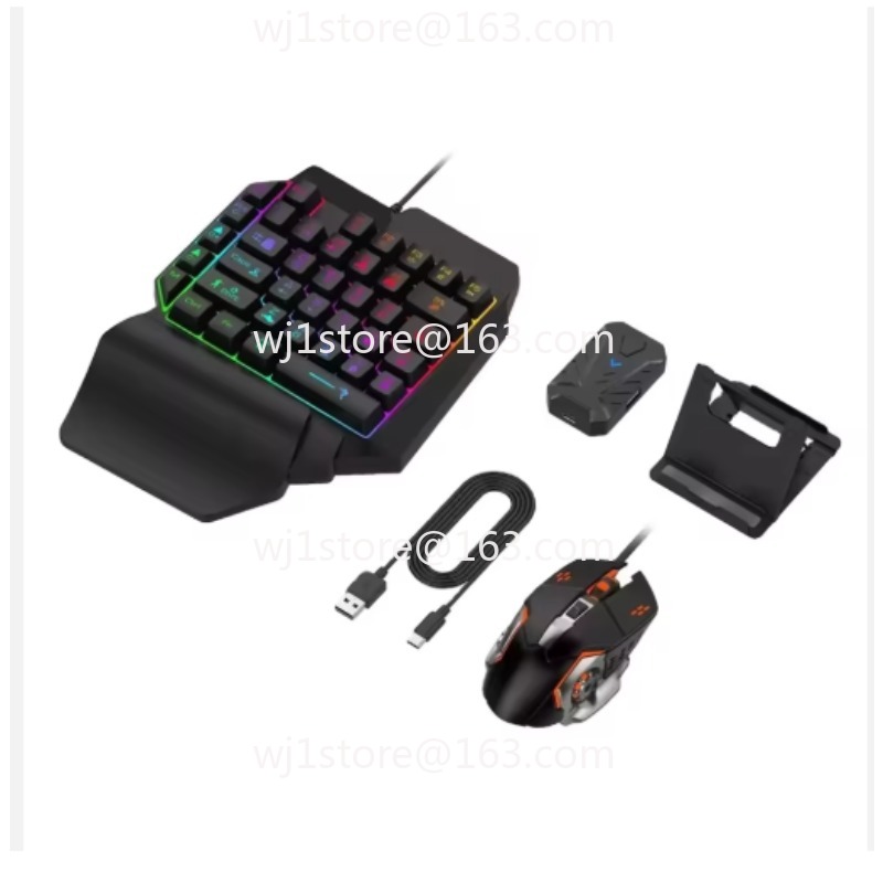 Gaming Keyboard 1 Hand - คีย์บอร์ดและเมาส์สำหรับเล่นเกมแบบมือเดียว 4-in-1 พร้อมตัวแปลงเกมไร้สายบลูทูธแบบมีไฟพื้นหลังสำหรับโทรศัพท์ Android และ IOS