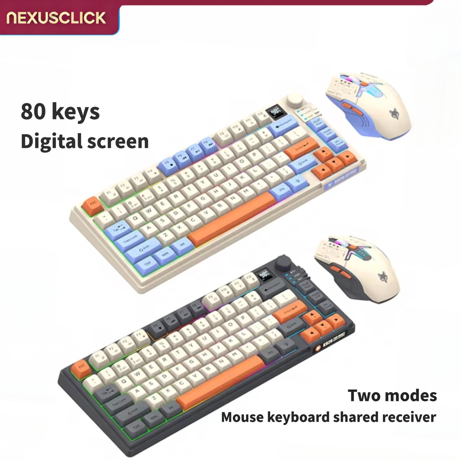 Gaming Keyboard And Mouse Combo Wireless - NexusClick คีย์บอร์ดและเมาส์แบบคู่พร้อมหน้าจอ, คีย์บอร์ดขนาดเล็ก 80 ปุ่ม พร้อมไฟ