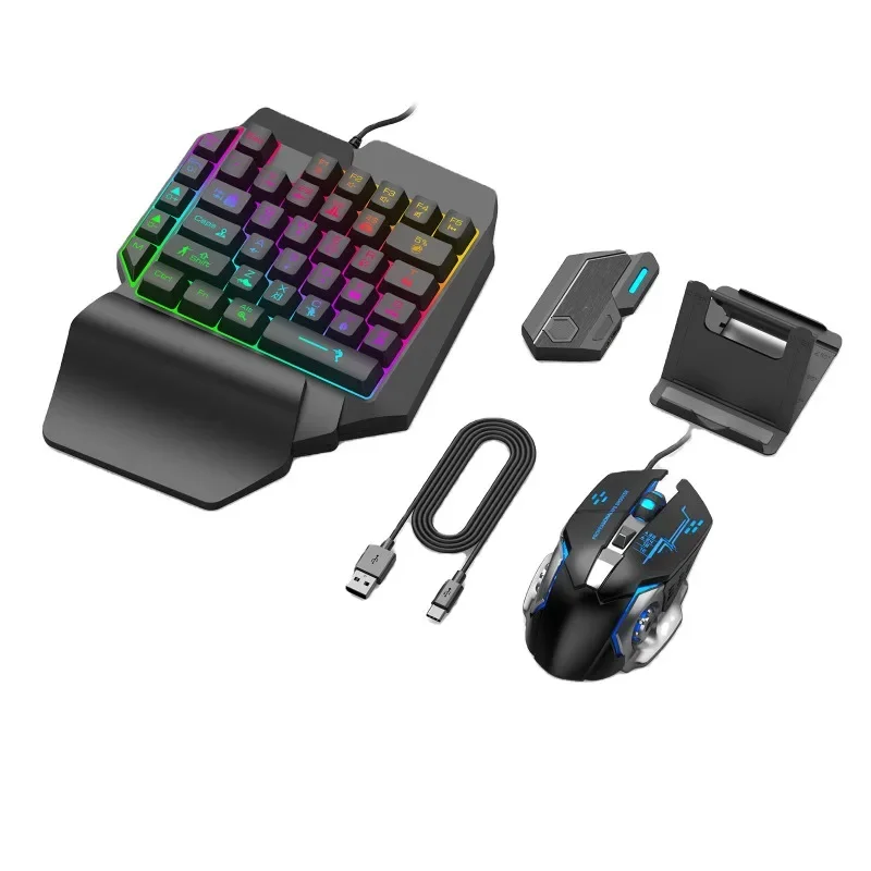 Gaming Keyboard 1 Hand - ชุดคีย์บอร์ดและเมาส์สำหรับเล่นเกม 4-in-1 คอมโบเกมมิ่ง คีย์บอร์ดแบบมีสายพร้อมไฟเรนโบว์ LED สำหรับเล่นเกมบนพีซี