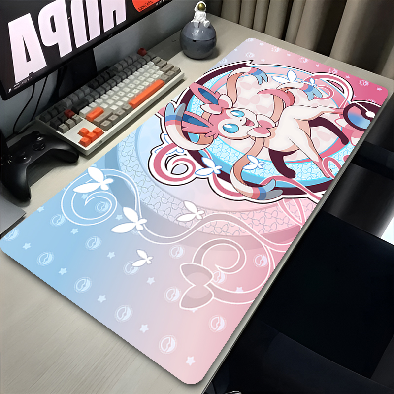 Gaming Keyboard Tactile - แผ่นรองเมาส์สีชมพูขนาดใหญ่ XXL อุปกรณ์เสริมคอมพิวเตอร์สำหรับเล่นเกม P-pokemon Sylveon แผ่นรองคีย์บอร์ดสำหรับวางโต๊ะ