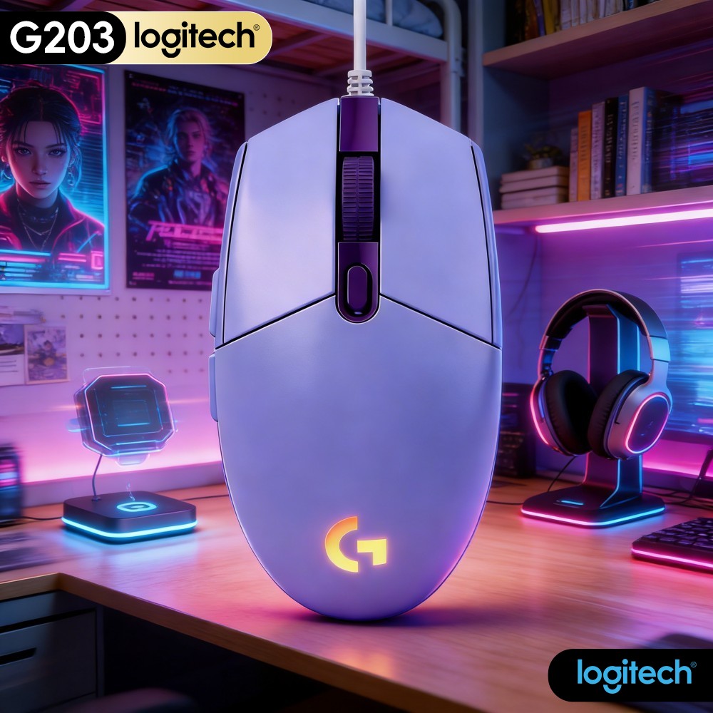 Logitech Mouse G203 - เมาส์เกมมิ่งแบบมีสาย Logitech G203 จับถนัดมือ ปรับแต่งไฟ RGB