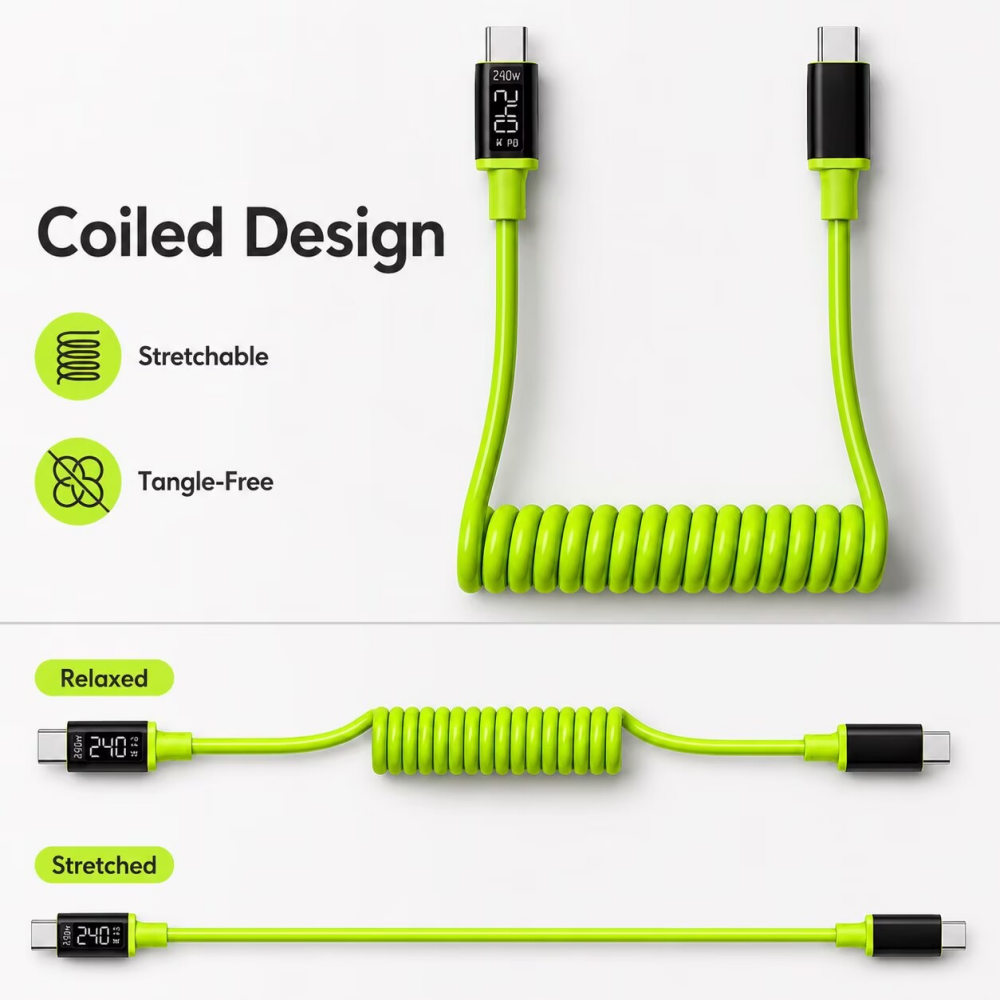 240W USB C/USB-A ถึง C สายชาร์ - Coiled Usb Cable บทวิจารณ์และราคา